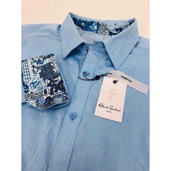 NWT Robert Graham Wayfarer 4 Flip Cuff L/S Shirt Micro Striped Blue3XL $178
